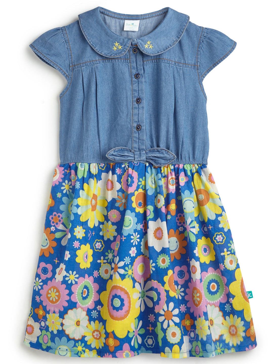Girls' Denim Top Dress with Embroidered Peter Pan Collar and Vibrant Floral Print Skirt