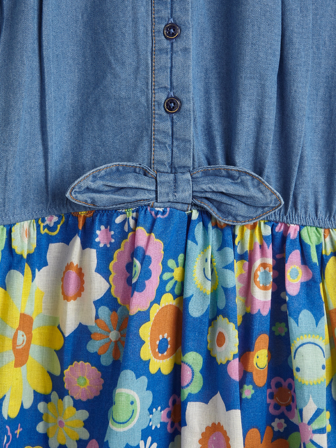 Girls' Denim Top Dress with Embroidered Peter Pan Collar and Vibrant Floral Print Skirt