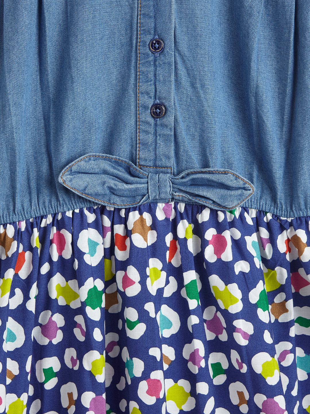 Girls' Denim Top Dress with Embroidered Peter Pan Collar and Colorful Leopard Print Skirt