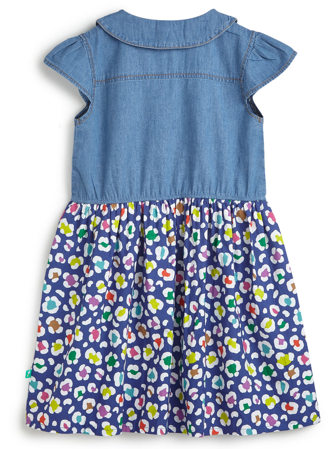 Girls' Denim Top Dress with Embroidered Peter Pan Collar and Colorful Leopard Print Skirt