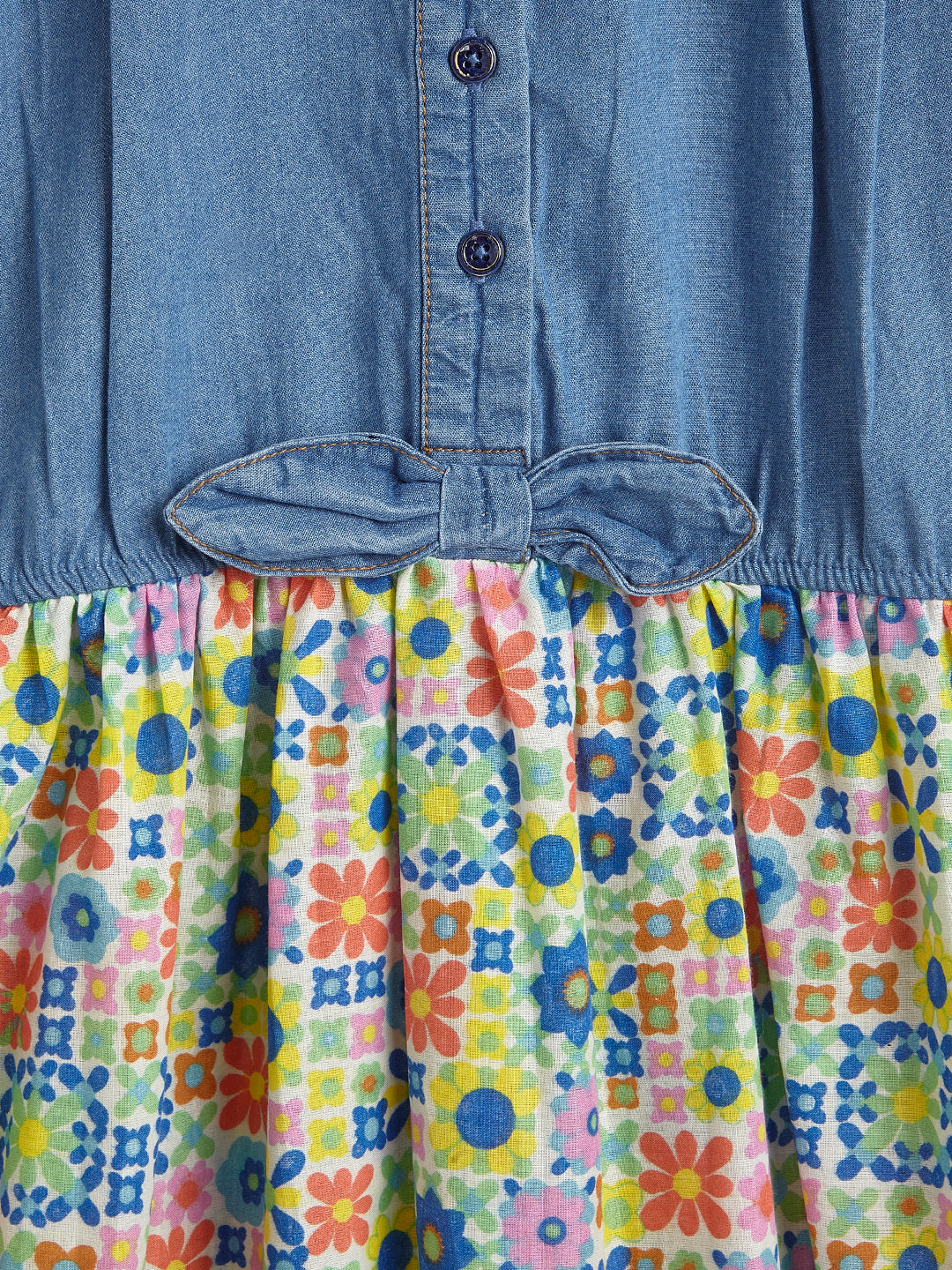 Girls' Denim Top Dress with Embroidered Peter Pan Collar and Colorful Geometric Print Skirt