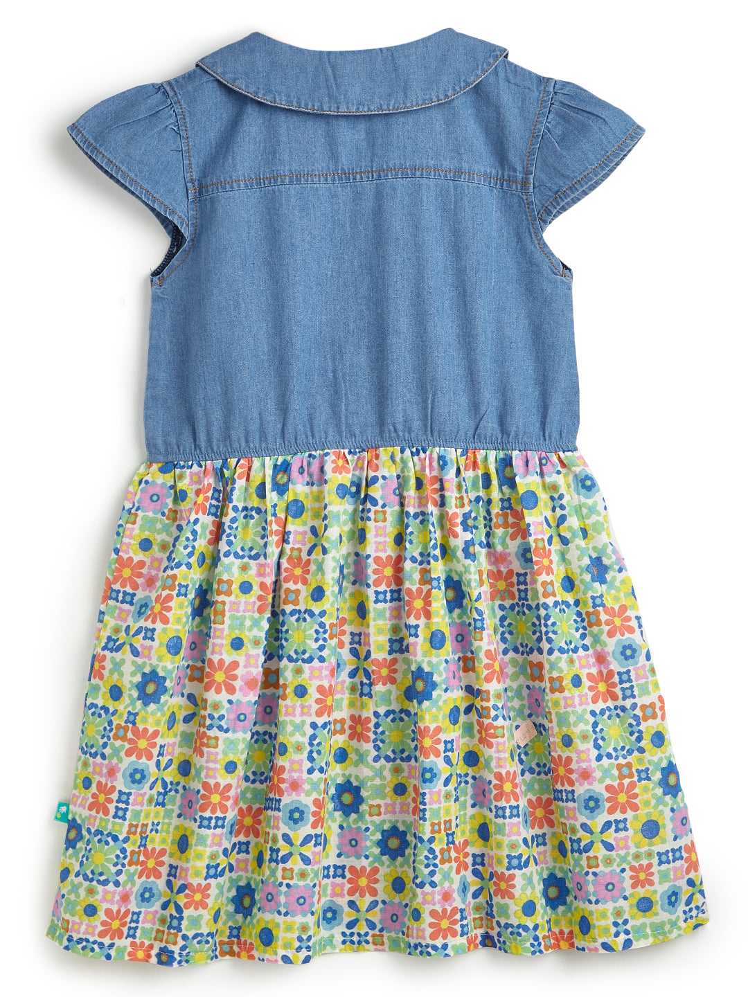 Girls' Denim Top Dress with Embroidered Peter Pan Collar and Colorful Geometric Print Skirt