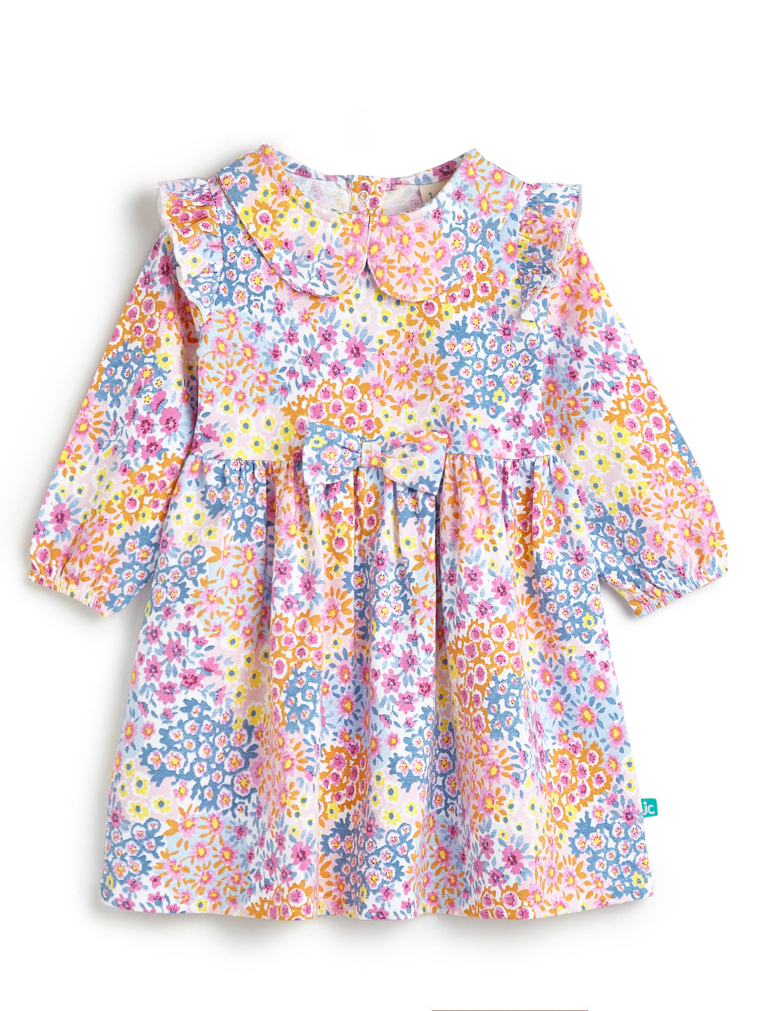 Girls' Multicolor Floral Print Dress with Peter Pan Collar and Ruffle Sleeves