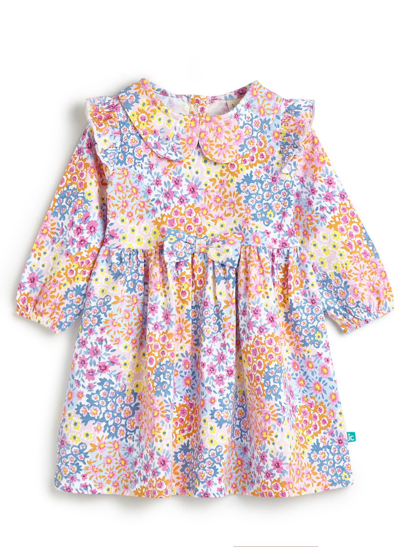 Girls' Multicolor Floral Print Dress with Peter Pan Collar and Ruffle Sleeves