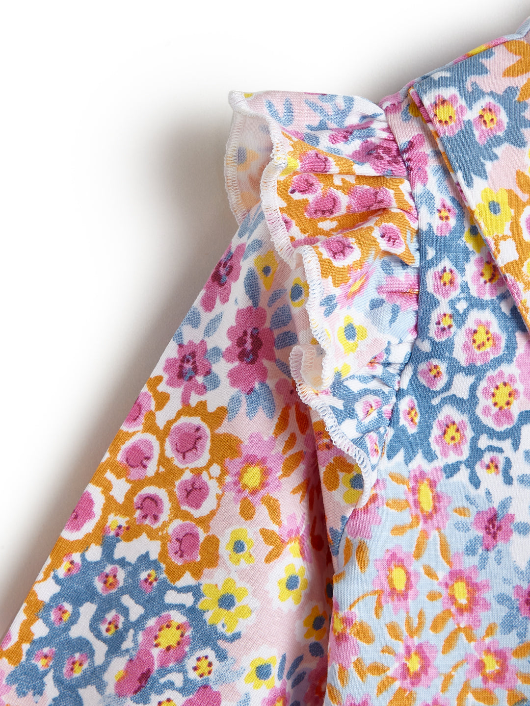 Girls' Multicolor Floral Print Dress with Peter Pan Collar and Ruffle Sleeves