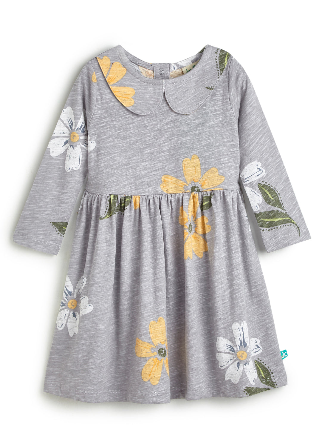 Girls' Grey Floral Print Dress with Peter Pan Collar