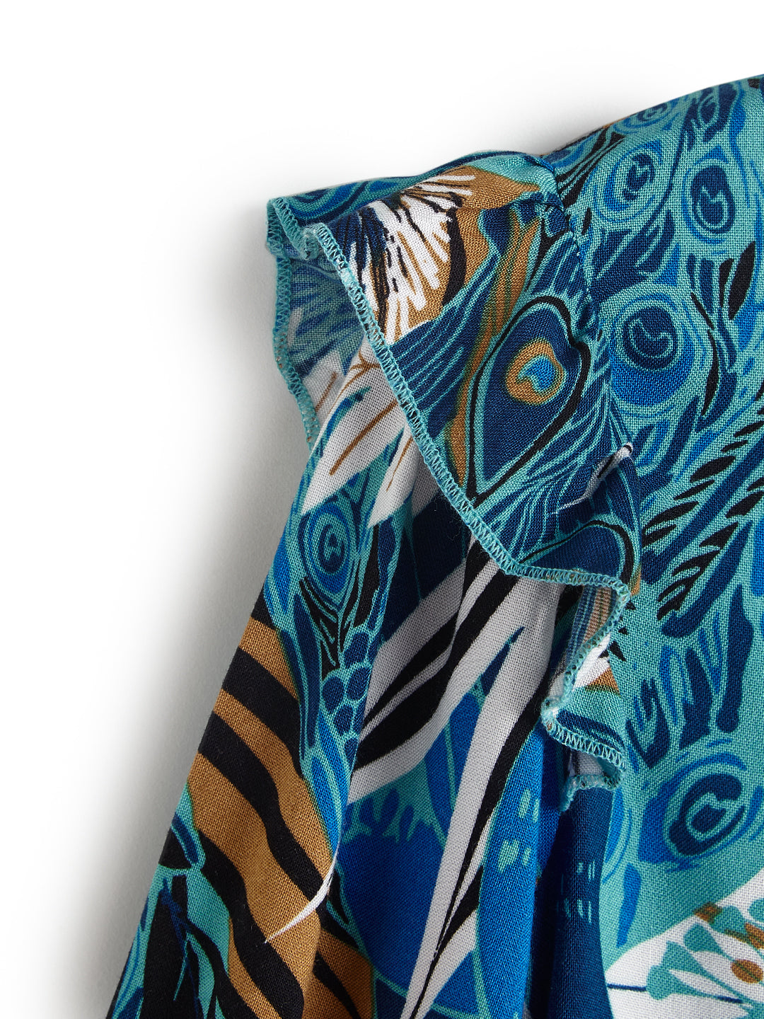 Girls' Blue & Brown Abstract Printed Dress with Ruffle Details