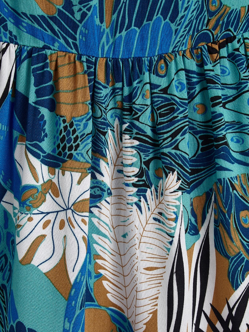 Girls' Blue & Brown Abstract Printed Dress with Ruffle Details