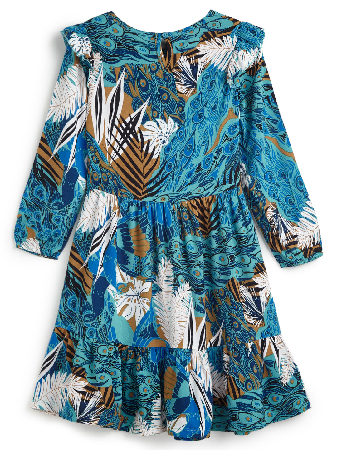 Girls' Blue & Brown Abstract Printed Dress with Ruffle Details