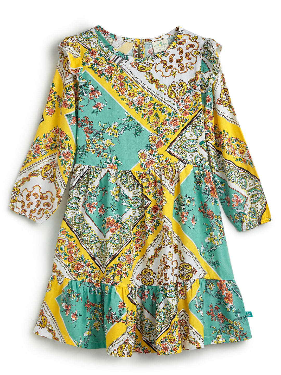 Girls' Bohemian Floral Patchwork Dress with Ruffle Sleeves