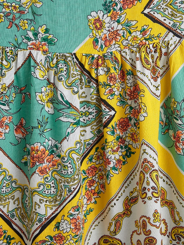 Girls' Bohemian Floral Patchwork Dress with Ruffle Sleeves