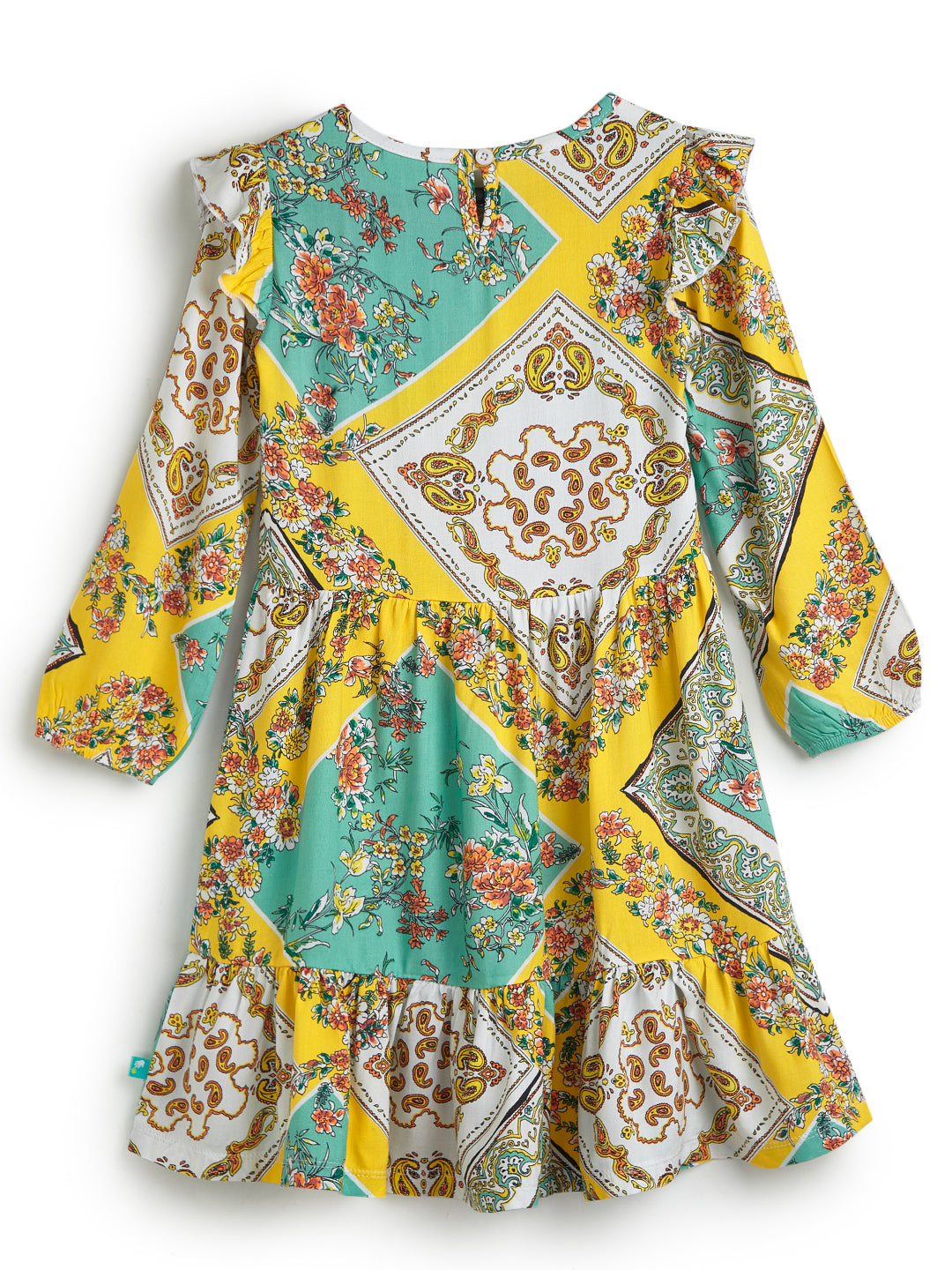 Girls' Bohemian Floral Patchwork Dress with Ruffle Sleeves