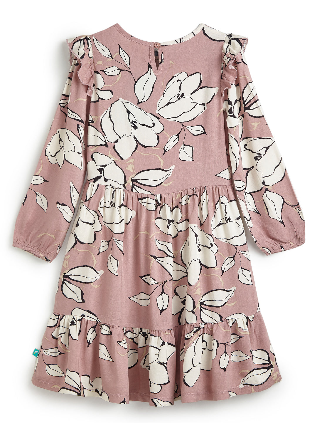 Girls' Floral Print Ruffle Sleeve Tiered Dress – Pink & Ivory