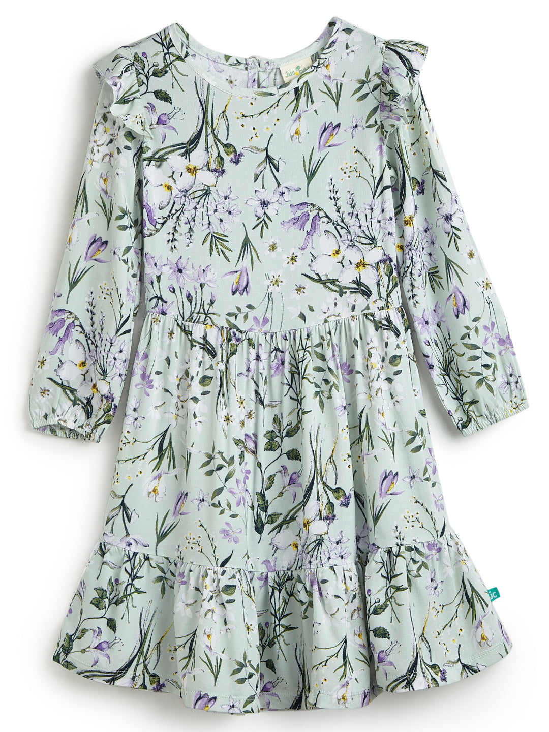 Girls' Pastel Green Floral Print Tiered Dress with Ruffle Sleeves