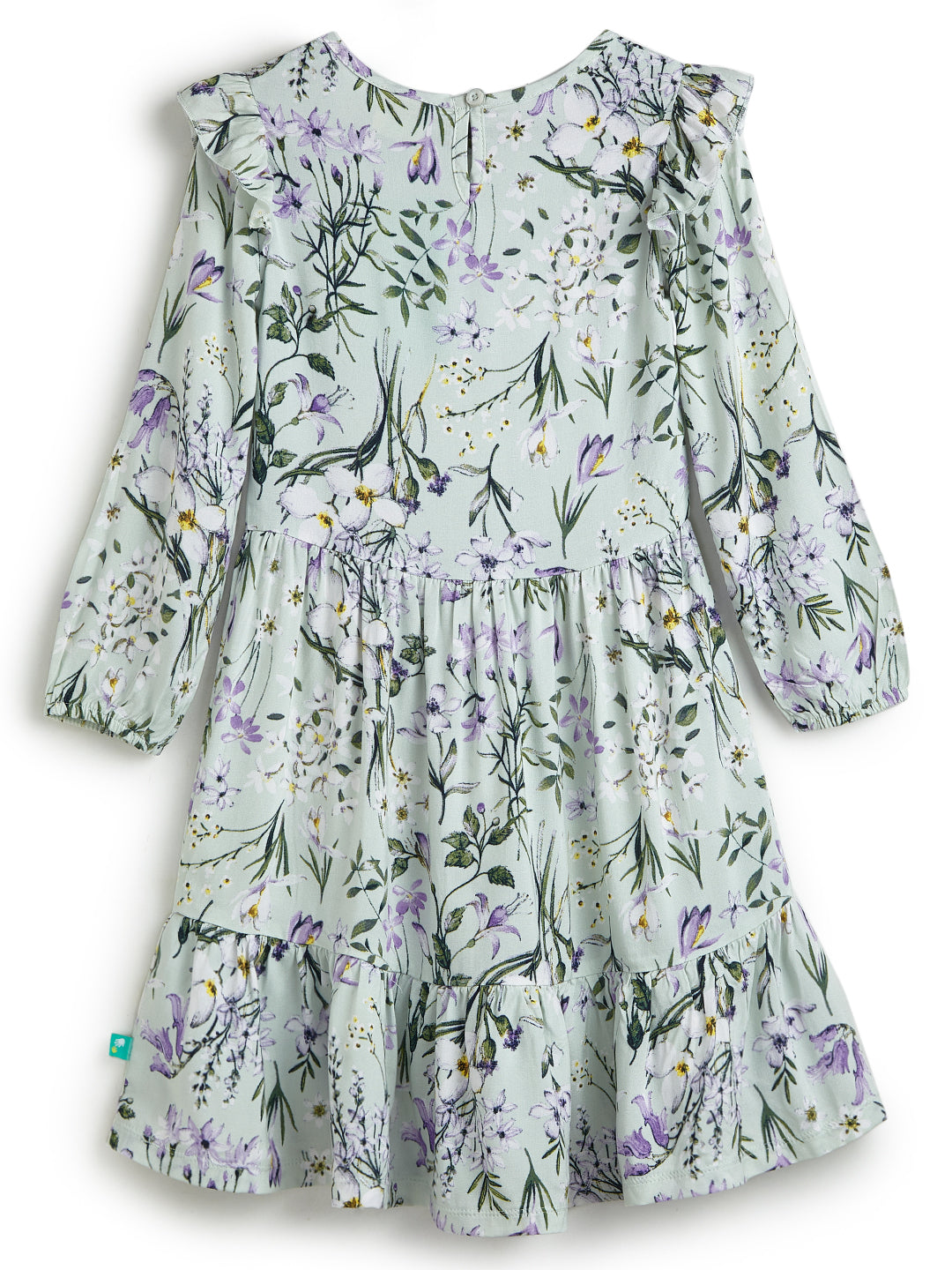 Girls' Pastel Green Floral Print Tiered Dress with Ruffle Sleeves