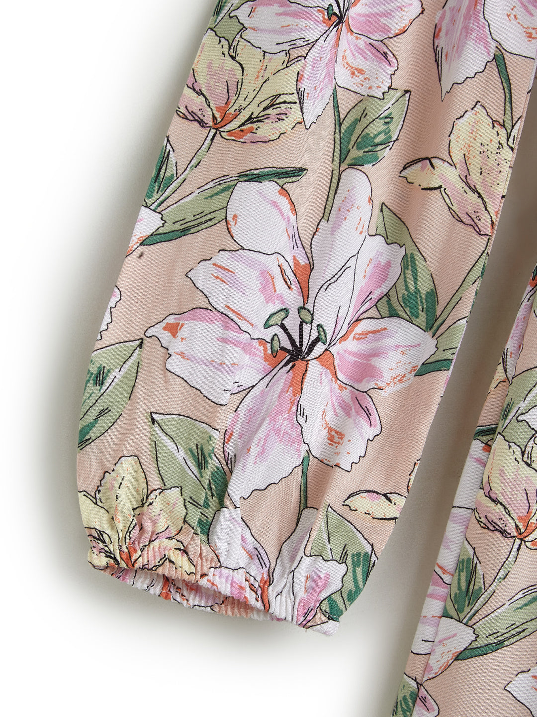 Girls' Beige Floral Print Tiered Dress with Ruffle Sleeves