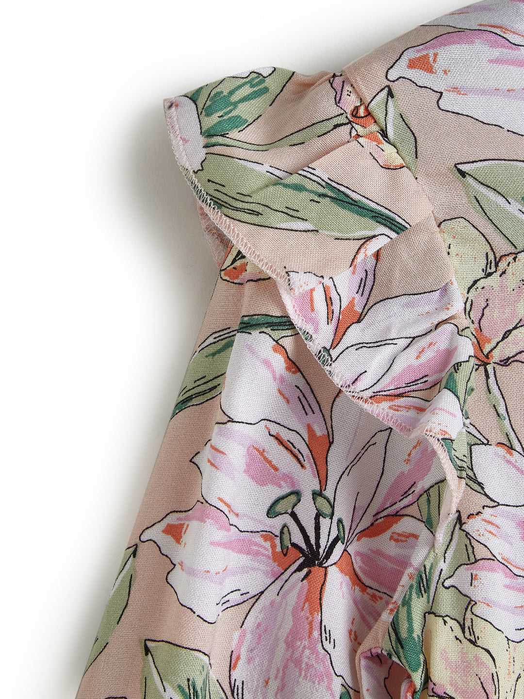 Girls' Beige Floral Print Tiered Dress with Ruffle Sleeves
