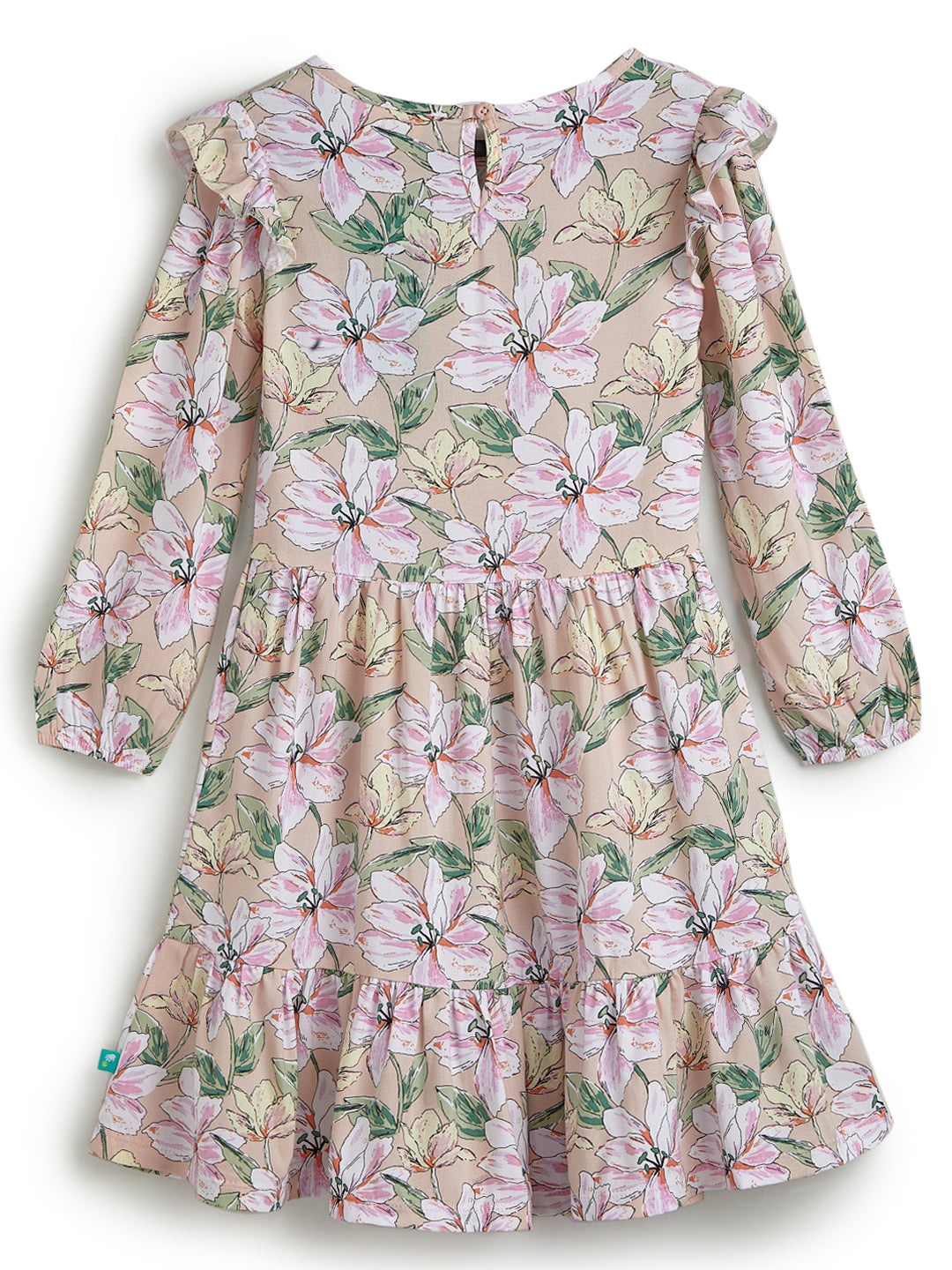 Girls' Beige Floral Print Tiered Dress with Ruffle Sleeves