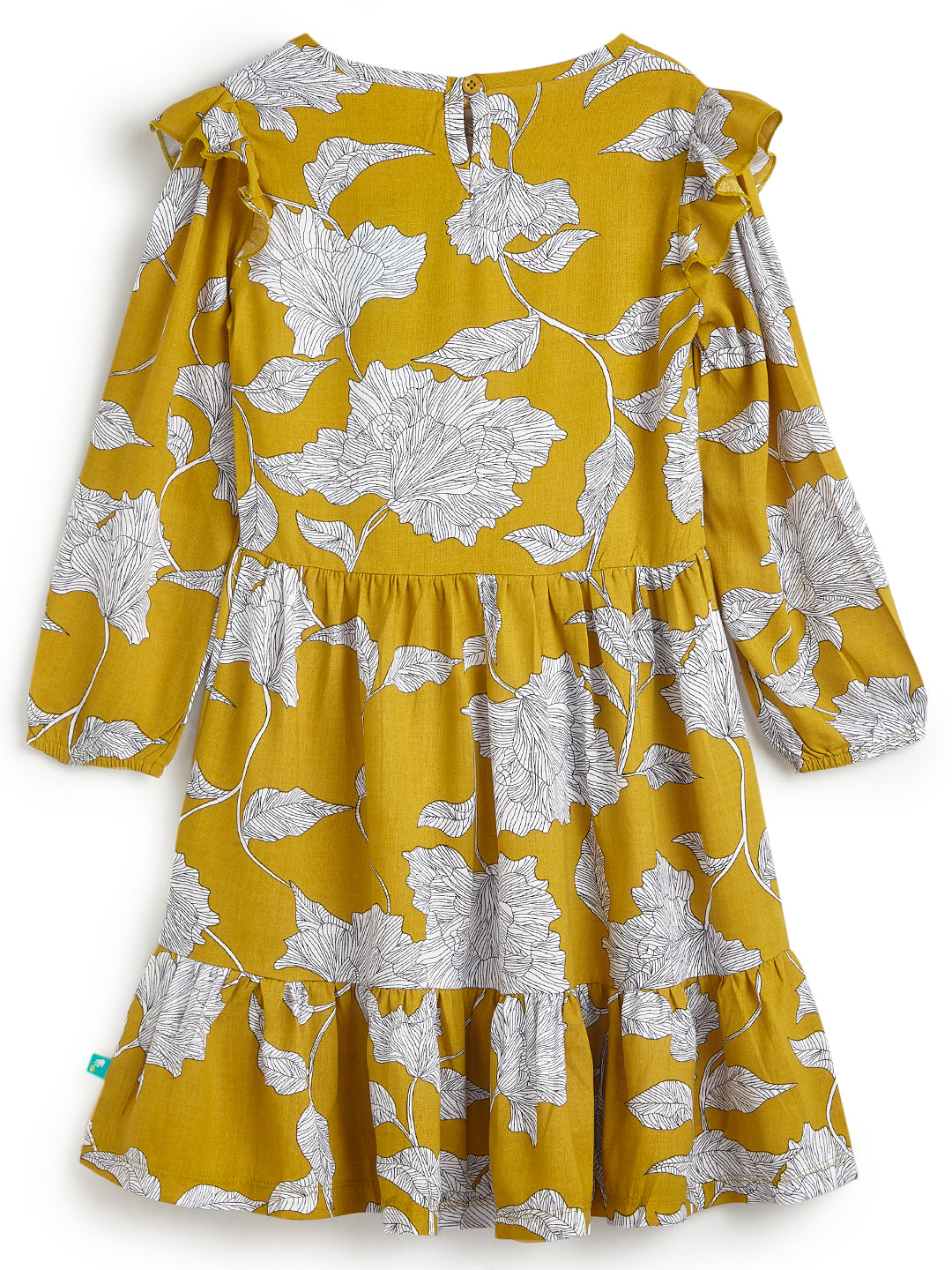 Girls' Mustard Yellow Floral Printed Dress with Ruffle Sleeves