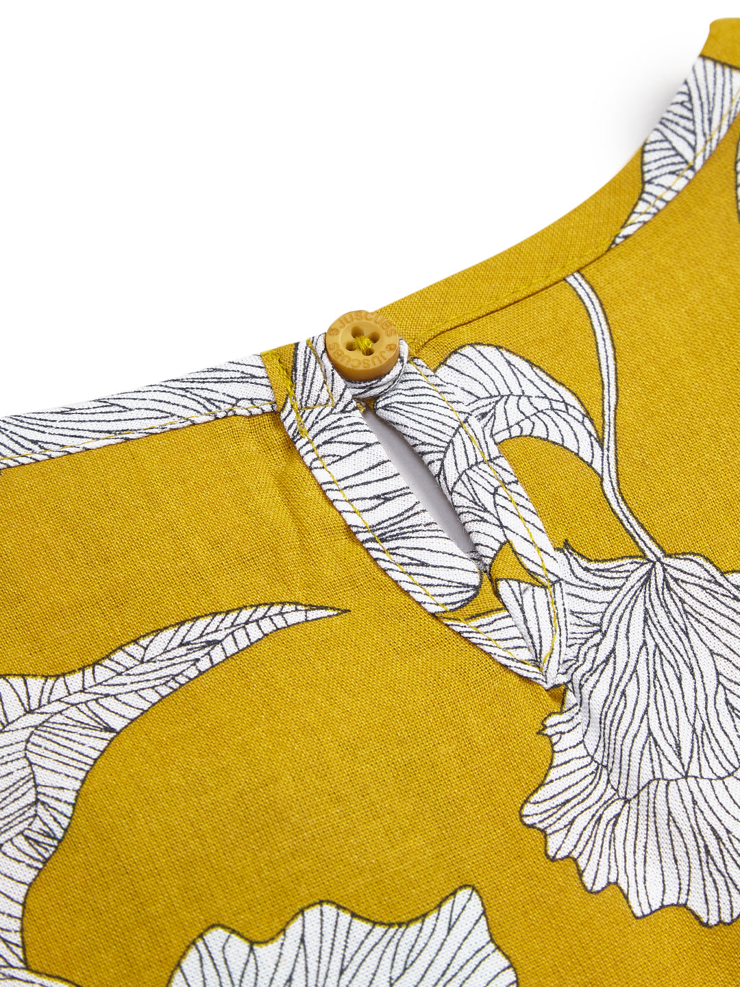 Girls' Mustard Yellow Floral Printed Dress with Ruffle Sleeves