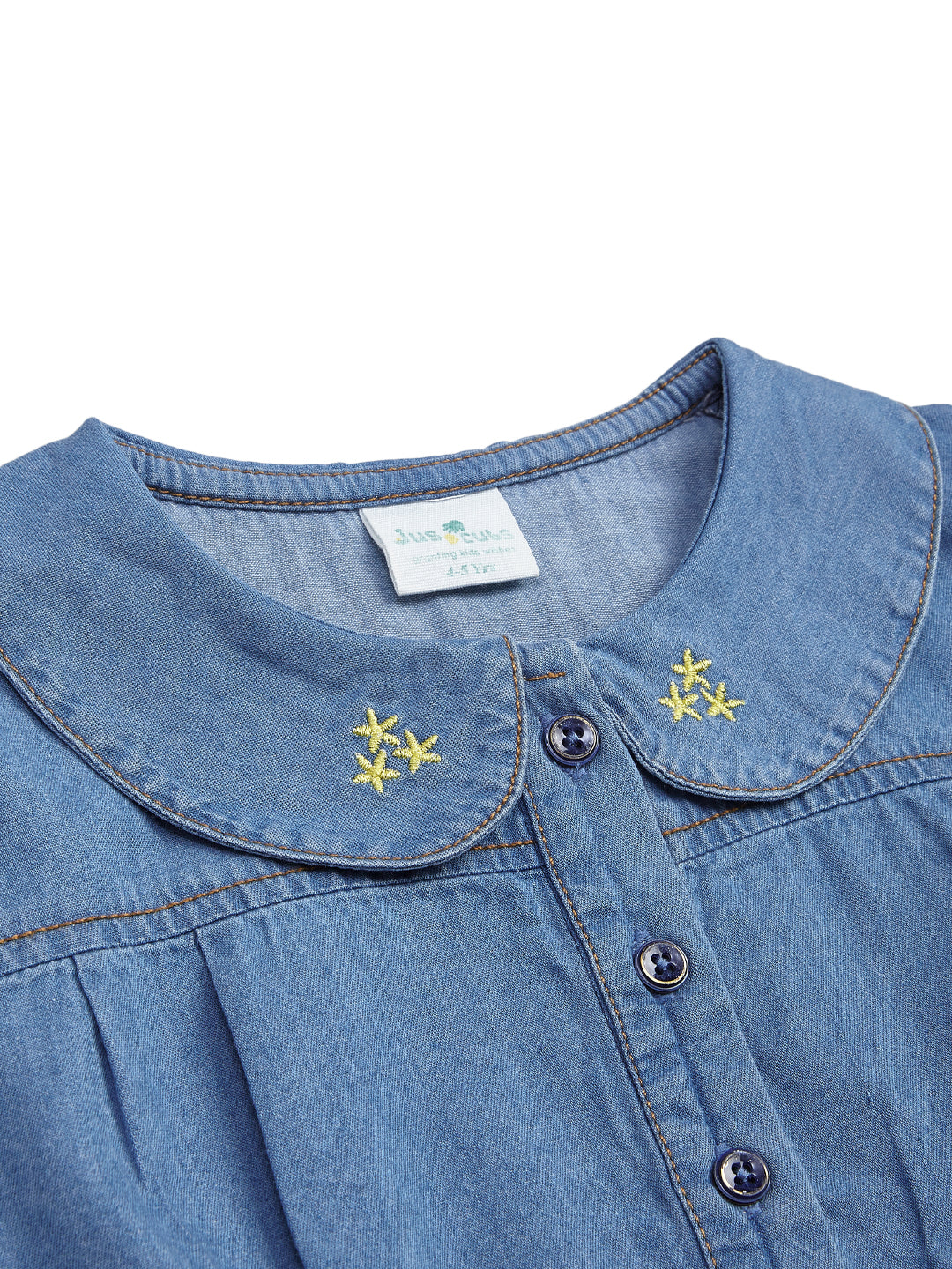 Girls' Denim Top Dress with Embroidered Peter Pan Collar and Vibrant Floral Print Skirt
