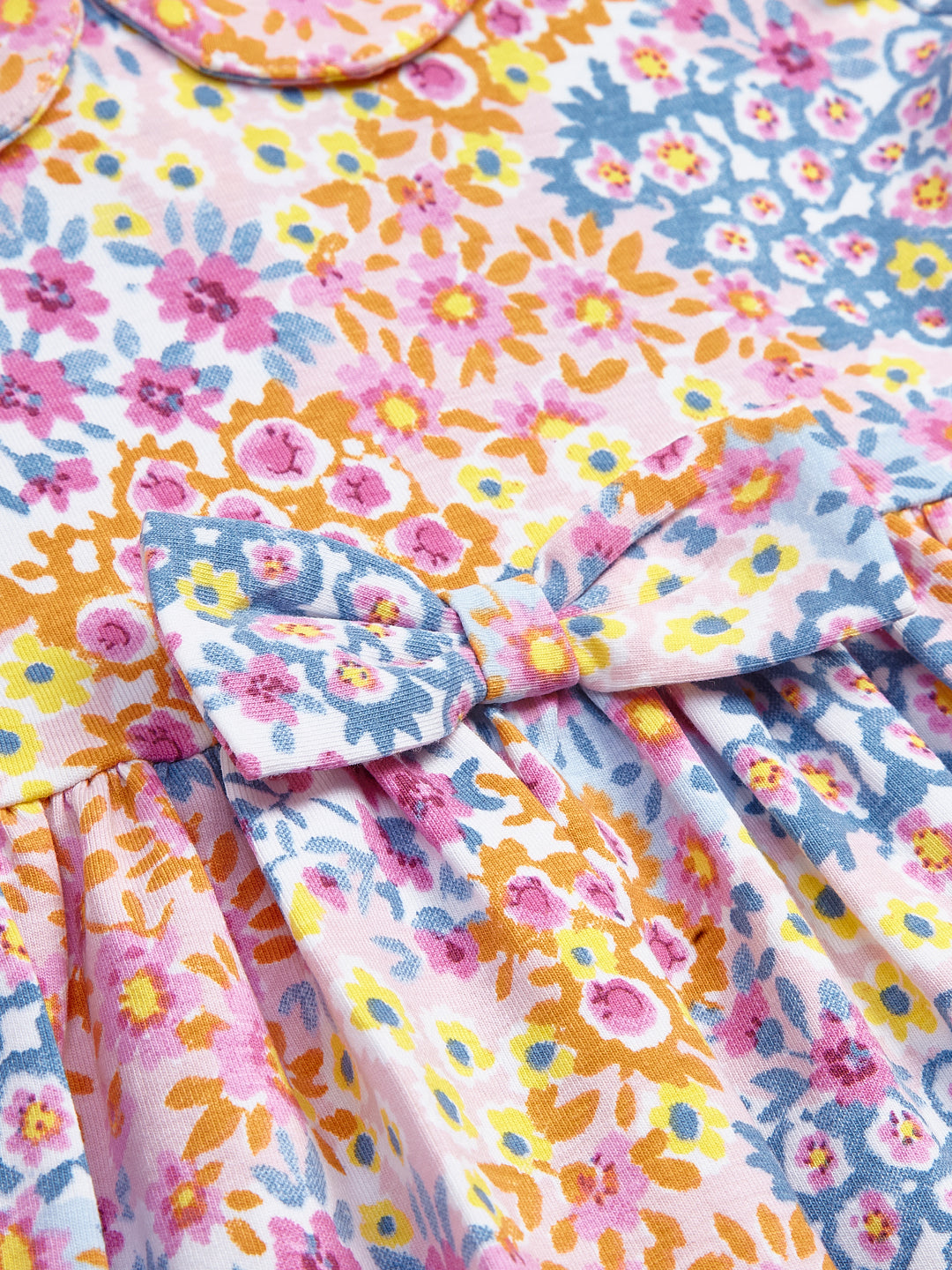 Girls' Multicolor Floral Print Dress with Peter Pan Collar and Ruffle Sleeves