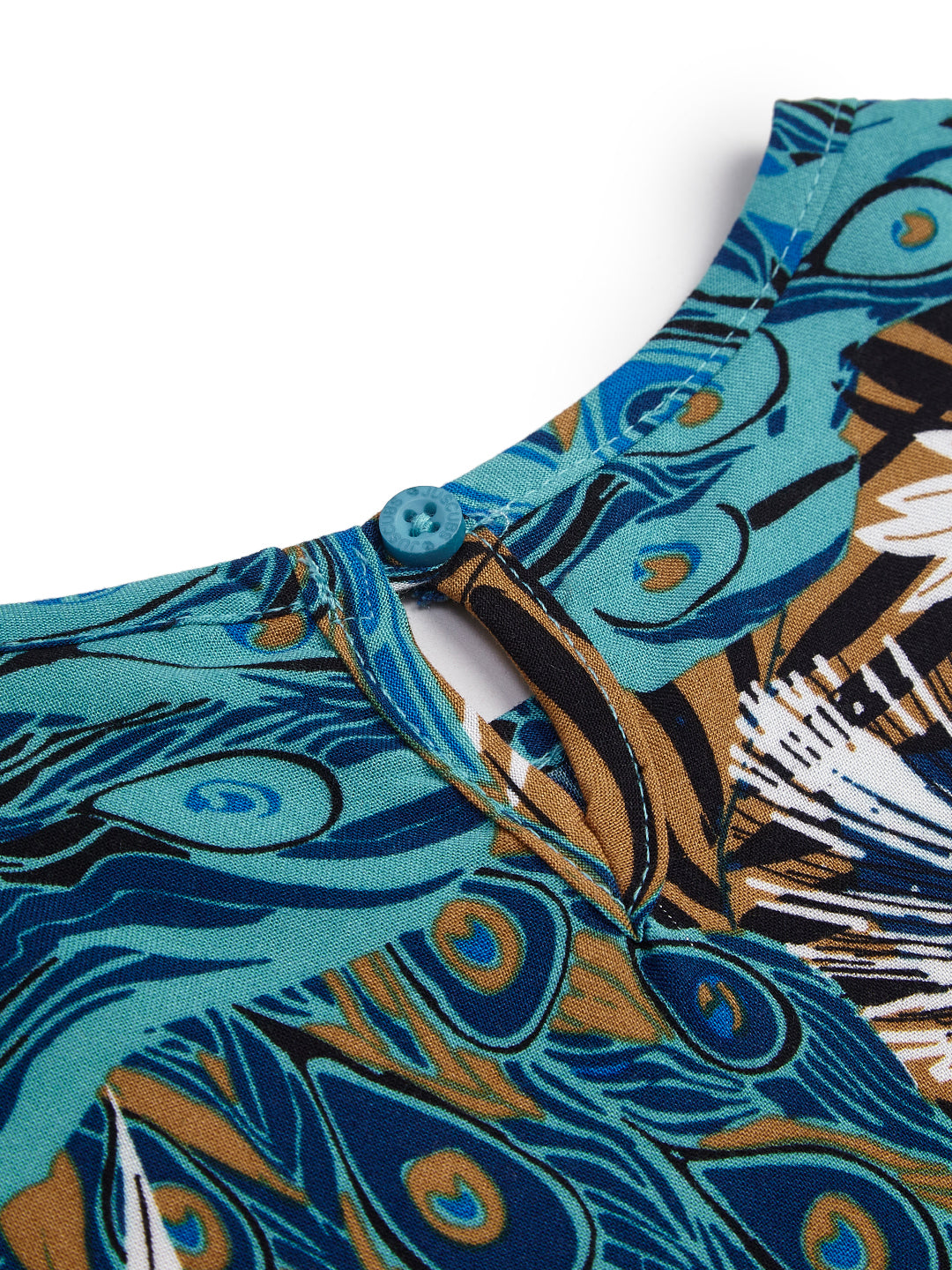 Girls' Blue & Brown Abstract Printed Dress with Ruffle Details