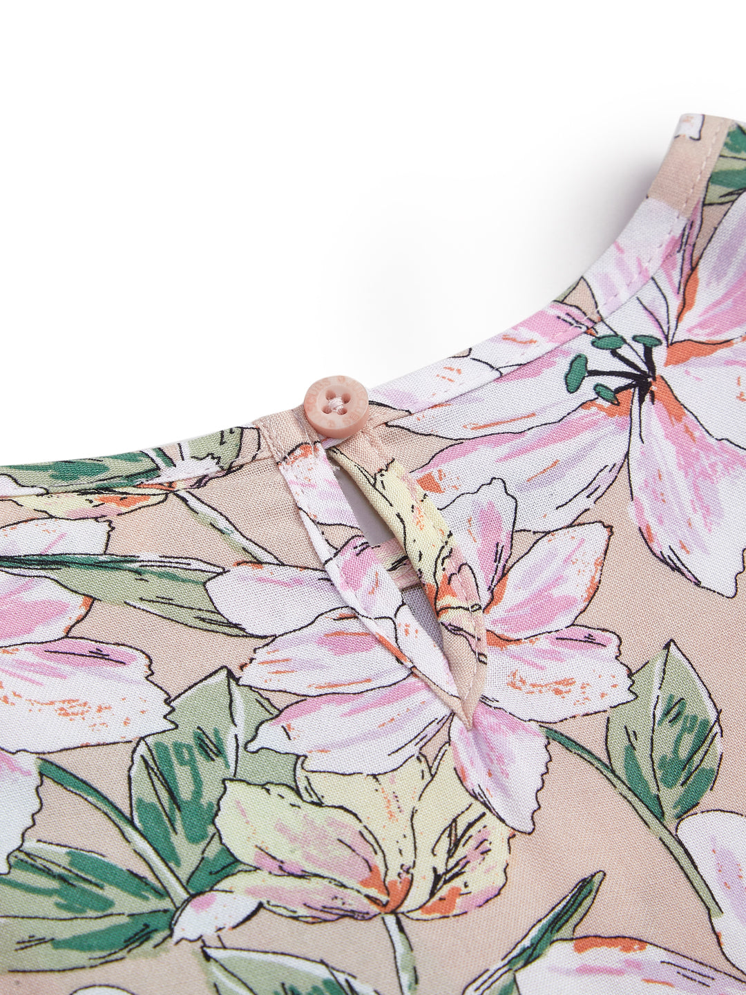 Girls' Beige Floral Print Tiered Dress with Ruffle Sleeves