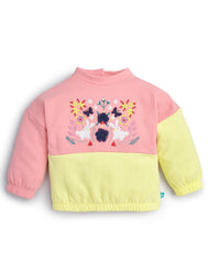 "Baby Girls' Colorblock Sweatshirt with Embroidered Bunny & Floral Design – Pink & Yellow"