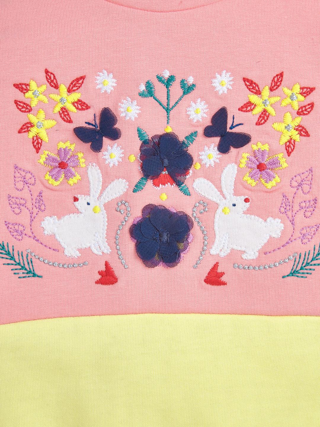 "Baby Girls' Colorblock Sweatshirt with Embroidered Bunny & Floral Design – Pink & Yellow"