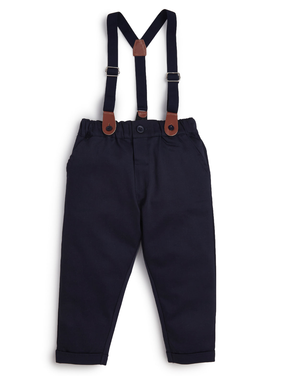 Baby Boys' Formal Outfit – Printed Shirt with Suspenders & Navy Pants