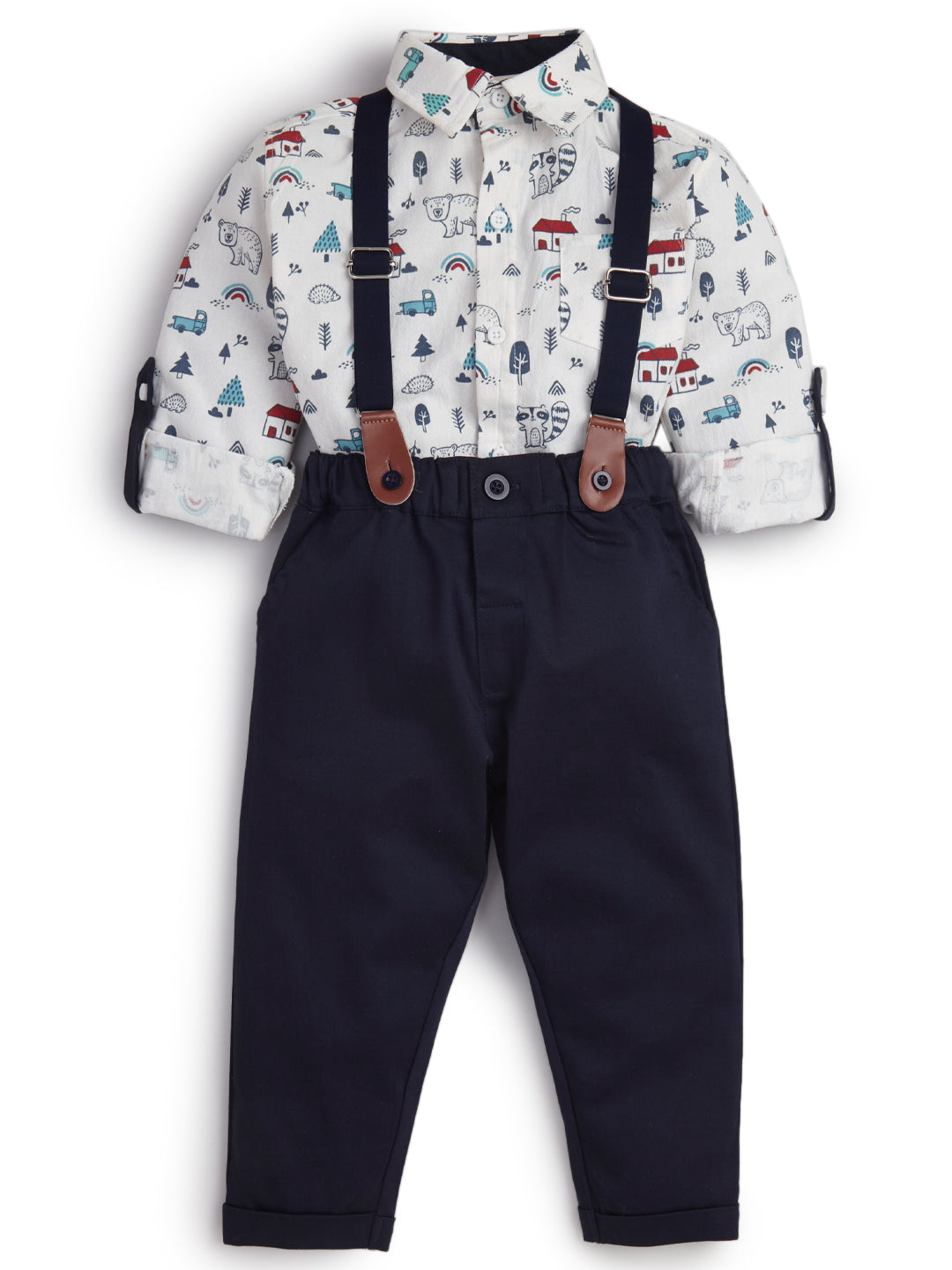 Baby Boys' Formal Outfit – Printed Shirt with Suspenders & Navy Pants