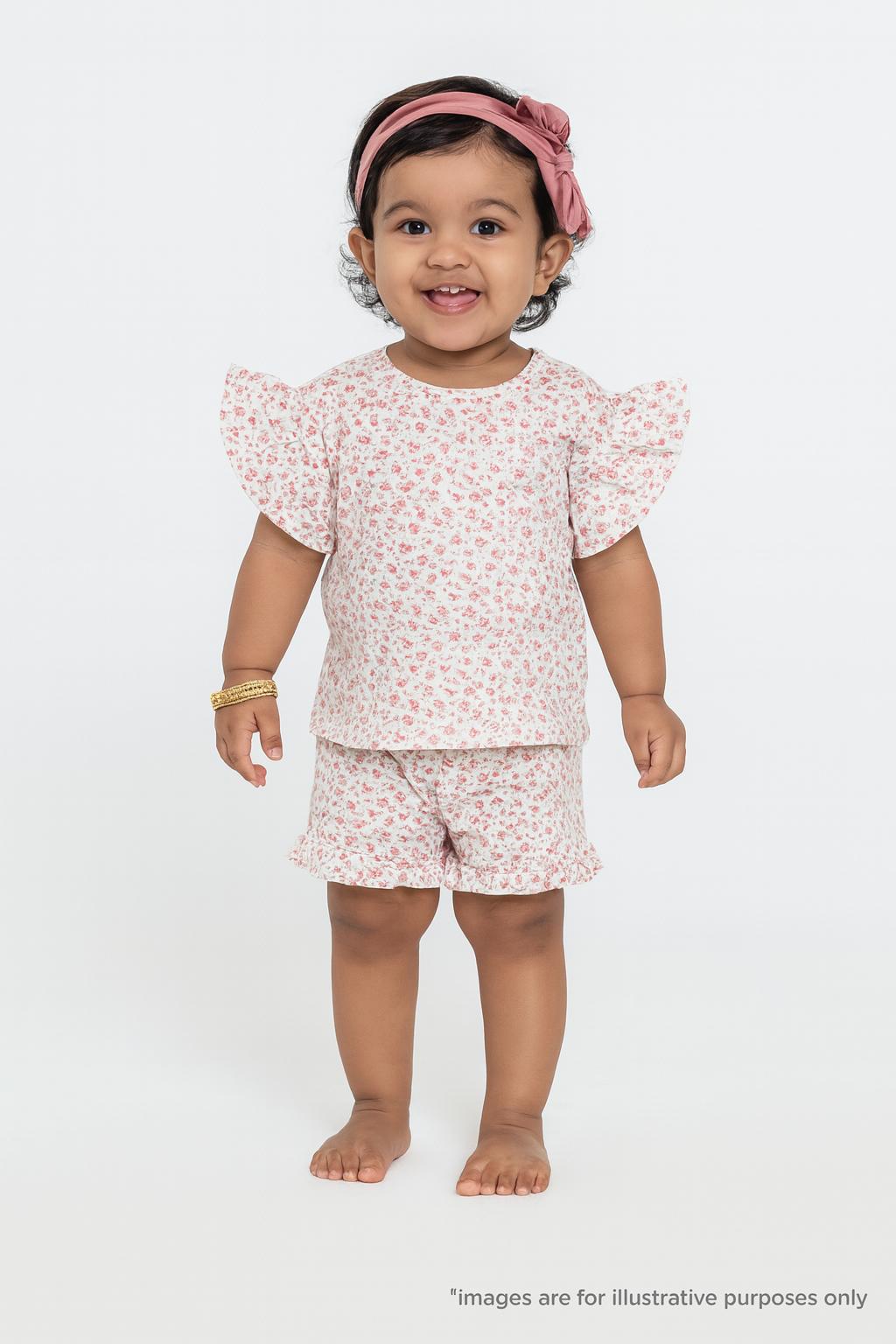 Baby Girls' Floral Print Cotton Top and Shorts Set – Pink Rose Pattern with Ruffle Sleeves & Hem