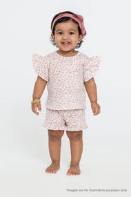 Baby Girls' Floral Print Cotton Top and Shorts Set – Pink Rose Pattern with Ruffle Sleeves & Hem