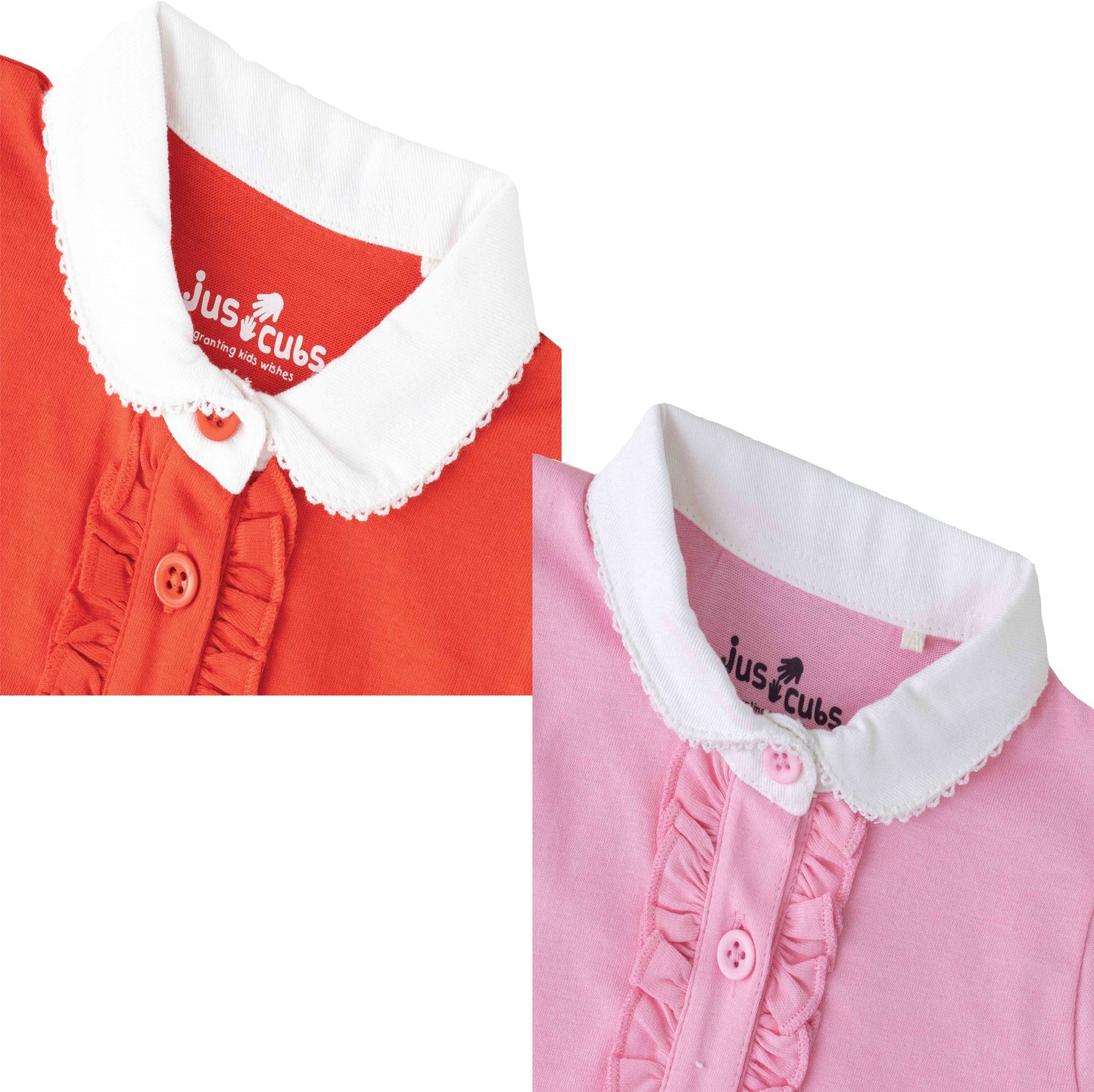 Baby Girls Solid Cotton Top with Peter Pan Collar & Front Ruffle Detailing