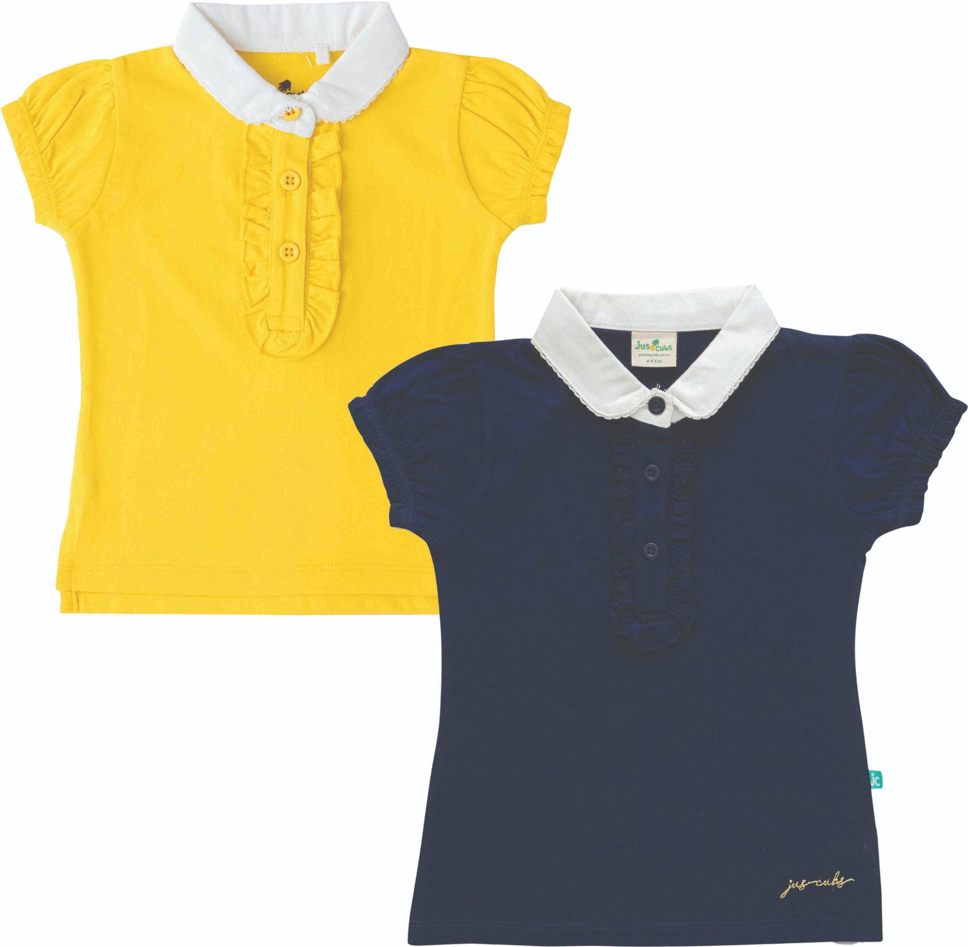 Baby Girls Cotton Collared Top – Ruffle Detail, Half Sleeves (Yellow & Navy Blue)