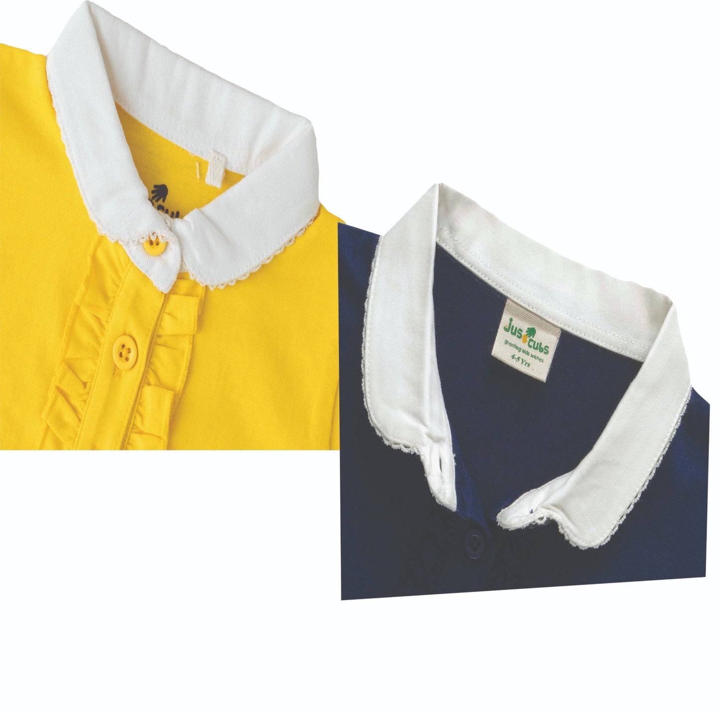 Baby Girls Cotton Collared Top – Ruffle Detail, Half Sleeves (Yellow & Navy Blue)