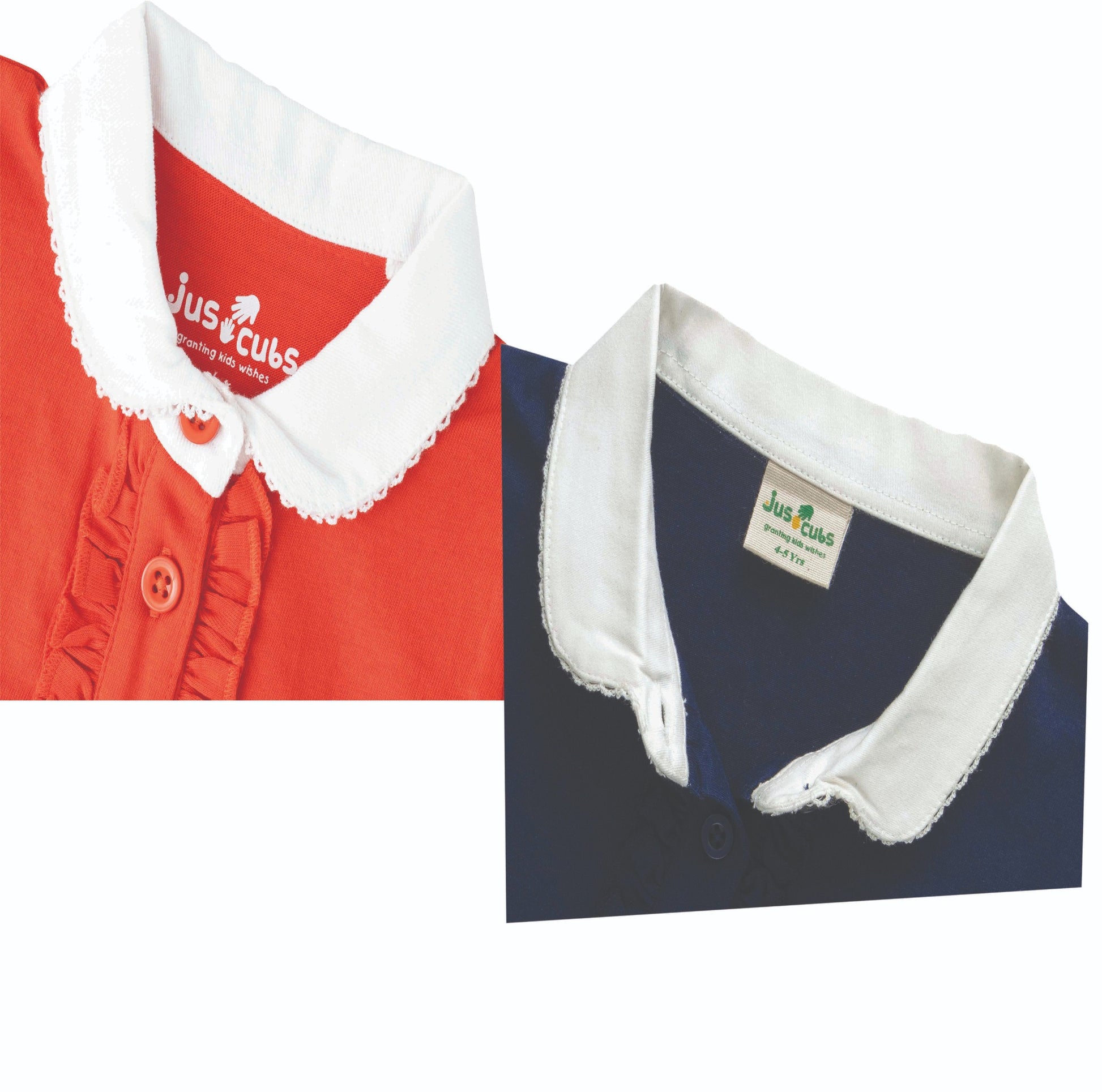 Baby Girls Cotton Collared Top – Ruffle Detail, Half Sleeves (Orange & Navy Blue)