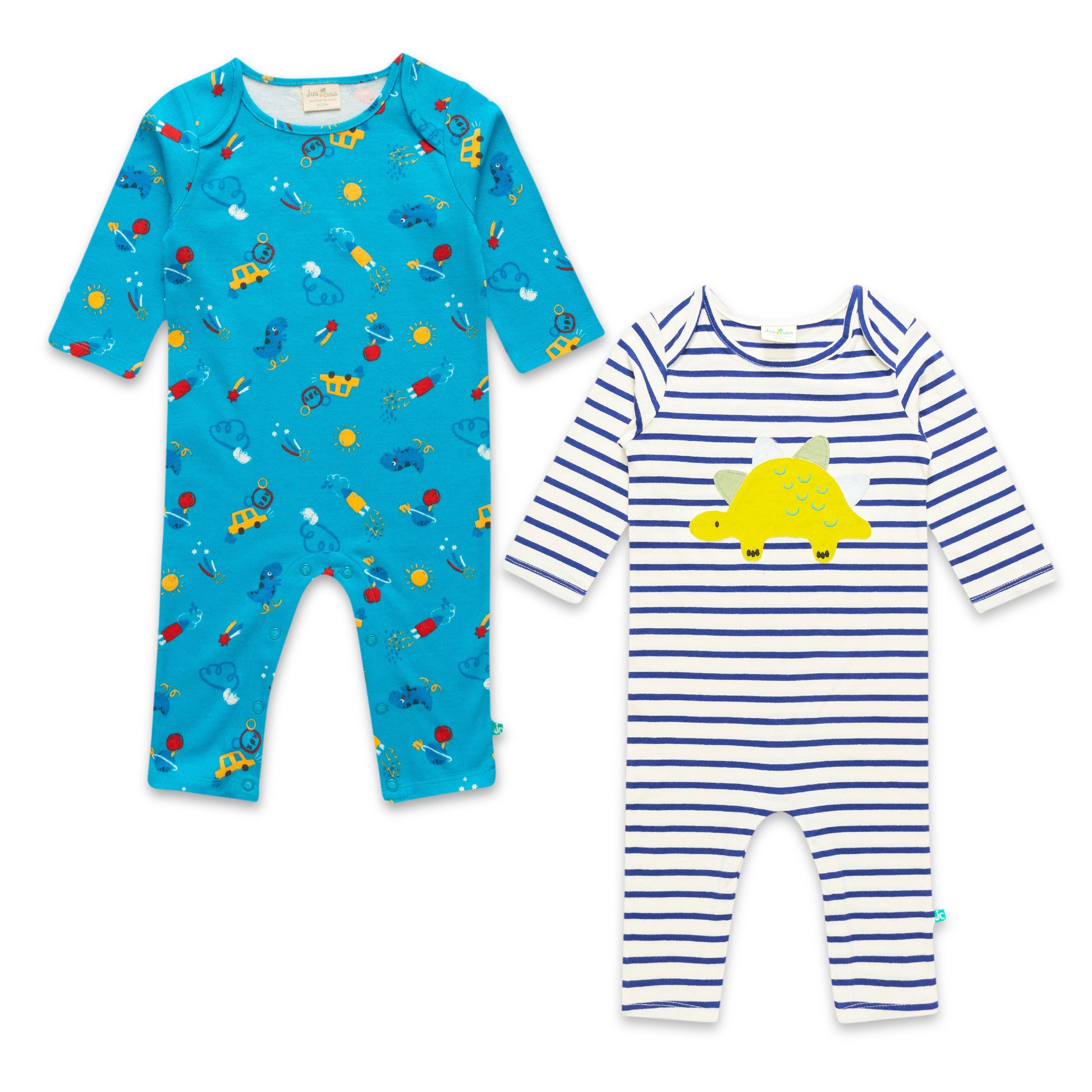 "Baby Boys' 2-Pack Rompers – Blue Transport Print & Striped Dinosaur Appliqué Rompers"