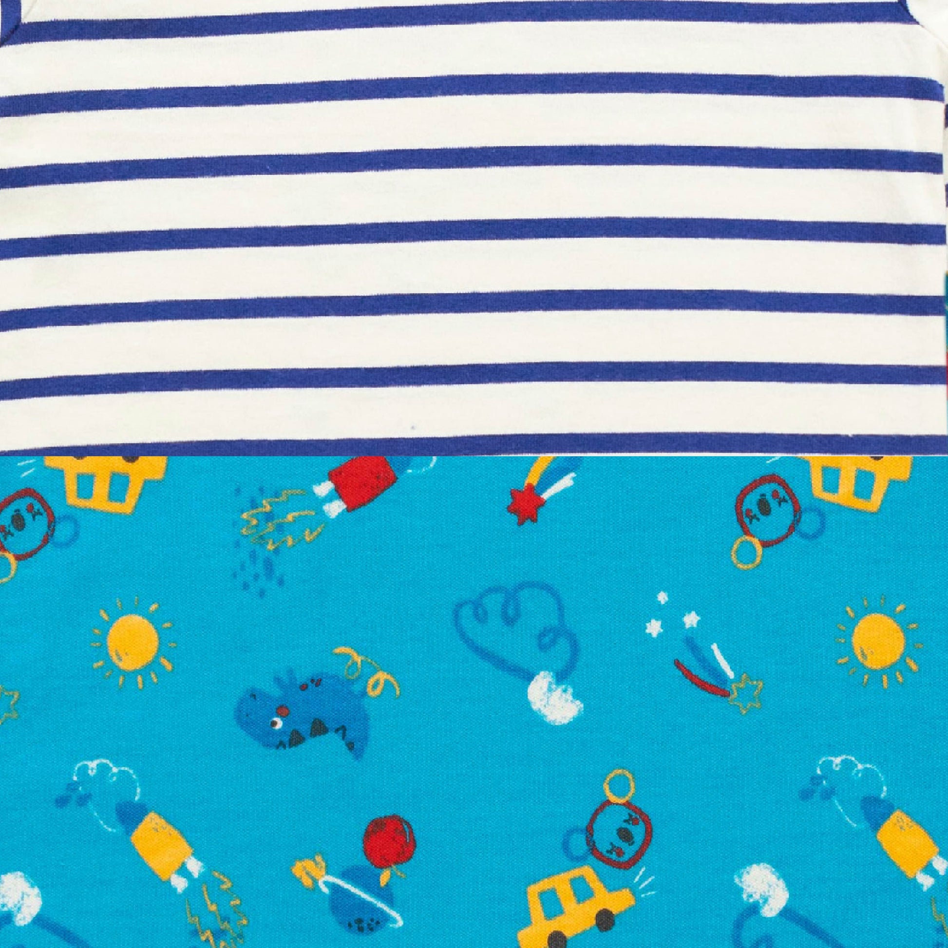 "Baby Boys' 2-Pack Rompers – Blue Transport Print & Striped Dinosaur Appliqué Rompers"