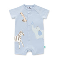 "Baby Boys Organic Cotton Light Blue Romper with Safari Animal Print"