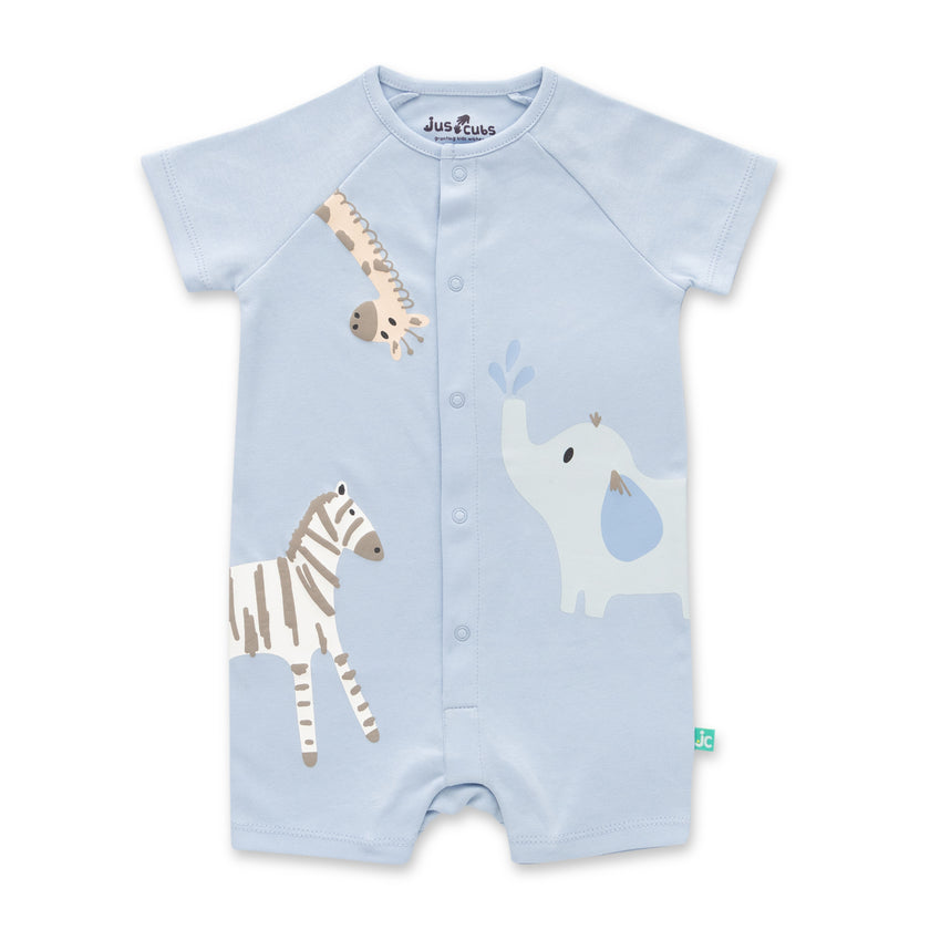 "Baby Boys Organic Cotton Light Blue Romper with Safari Animal Print"