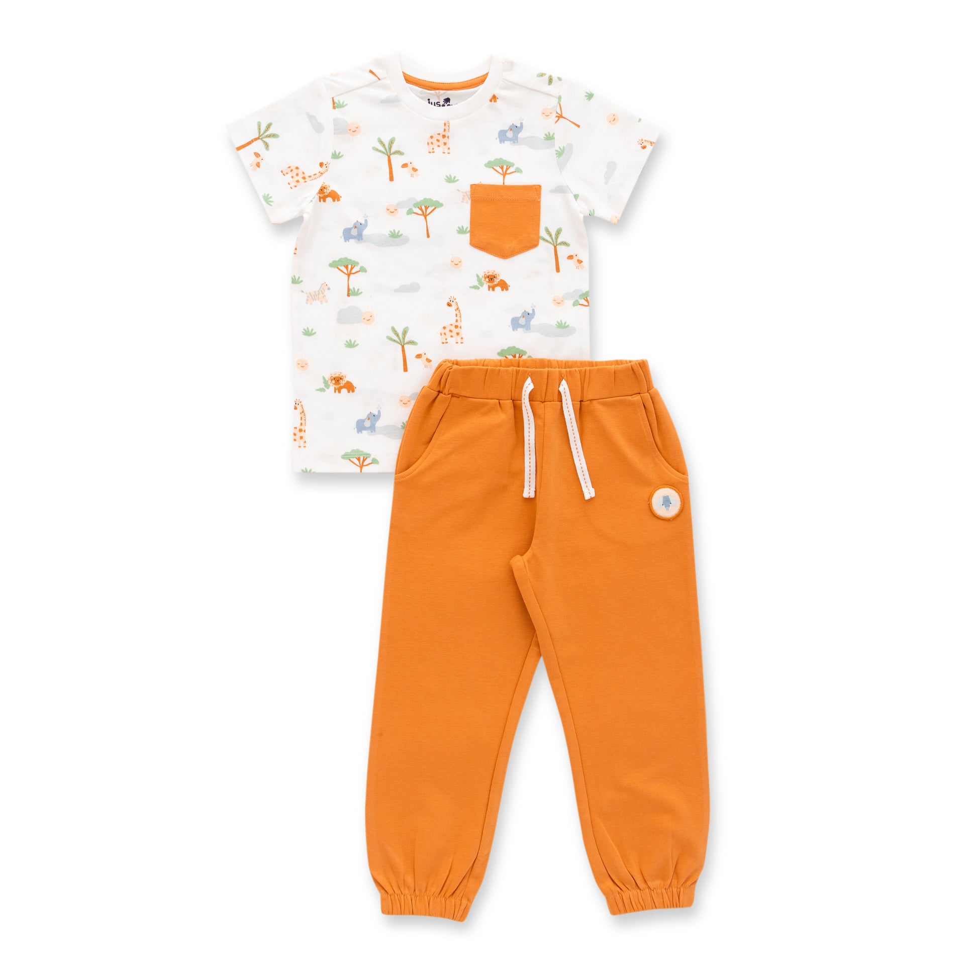 "Baby Boys Organic Cotton Printed T-Shirt with Pocket & Solid Jogger Pants Set – White & Orange"
