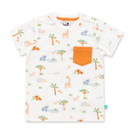 "Baby Boys Organic Cotton Printed T-Shirt with Pocket & Solid Jogger Pants Set – White & Orange"