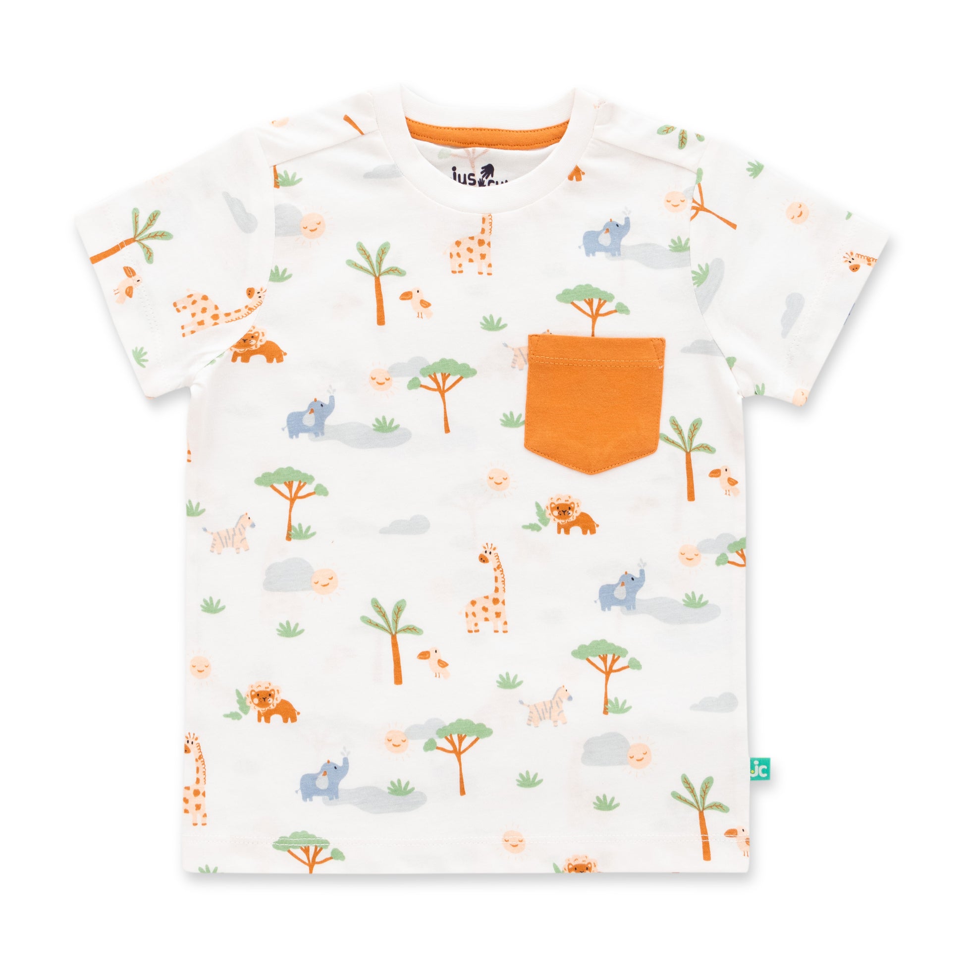 "Baby Boys Organic Cotton Printed T-Shirt with Pocket & Solid Jogger Pants Set – White & Orange"