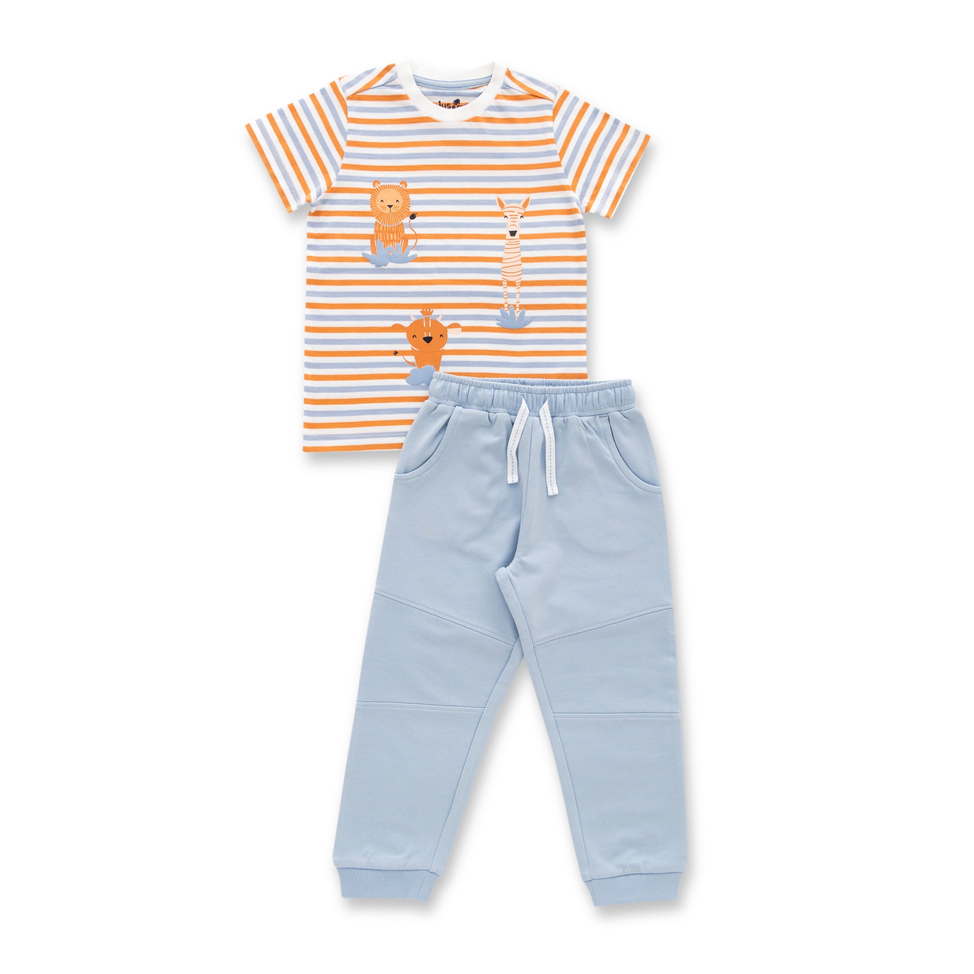 "Baby Boys Striped Animal Print T-Shirt with Blue Jogger Pants Set – 2 Piece Organic Cotton Outfit"