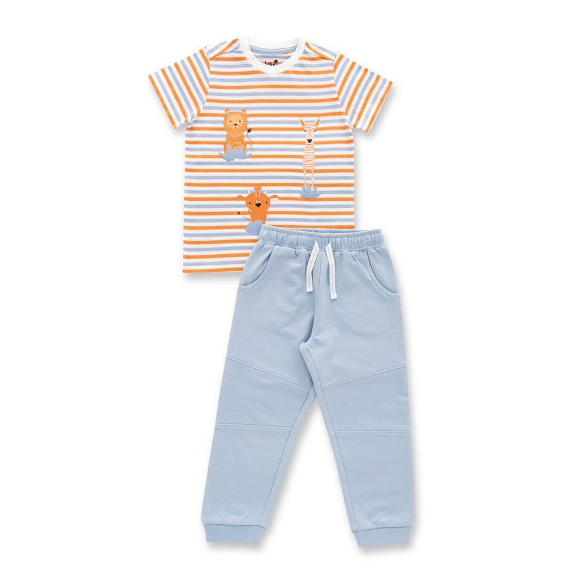"Baby Boys Striped Animal Print T-Shirt with Blue Jogger Pants Set – 2 Piece Organic Cotton Outfit"
