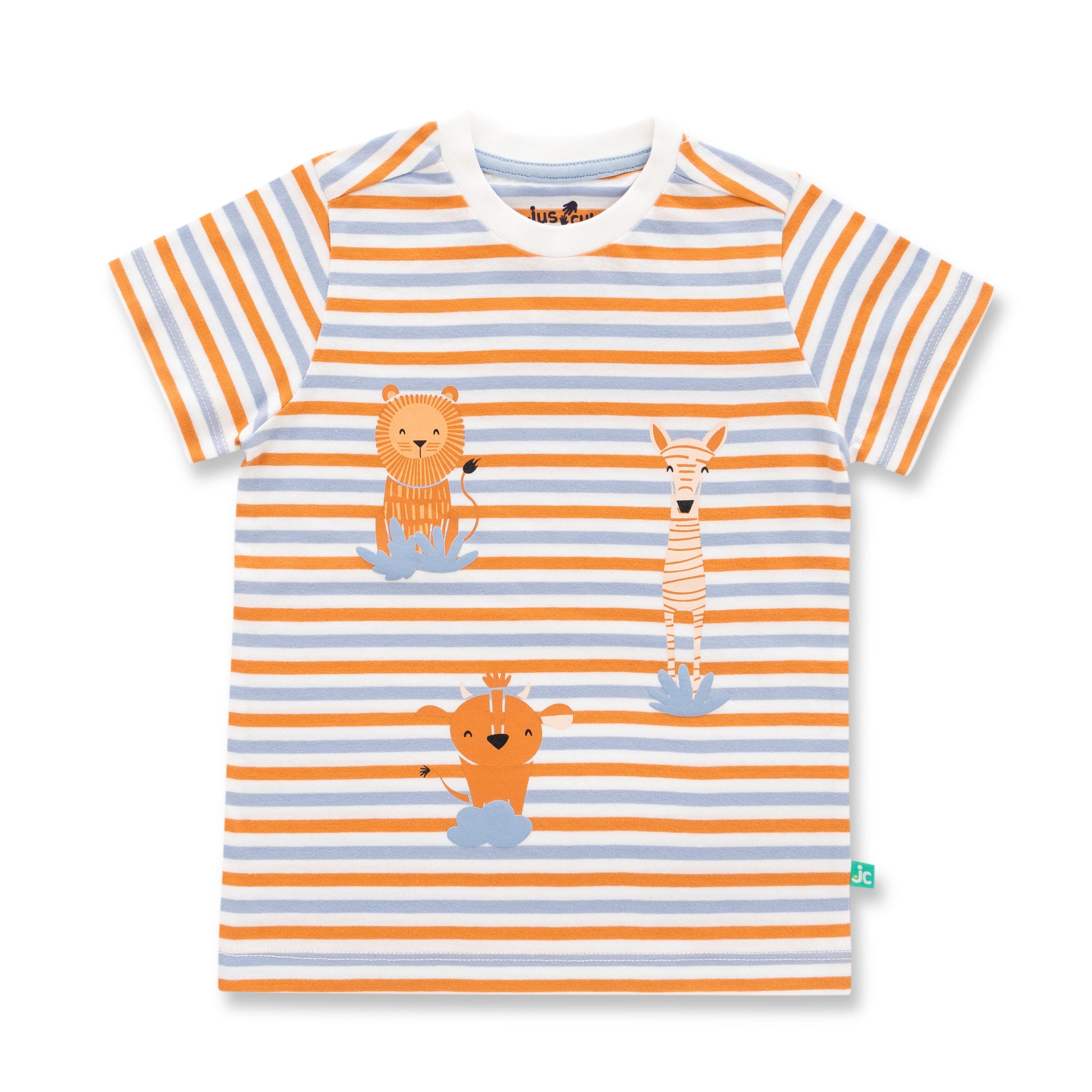 "Baby Boys Striped Animal Print T-Shirt with Blue Jogger Pants Set – 2 Piece Organic Cotton Outfit"