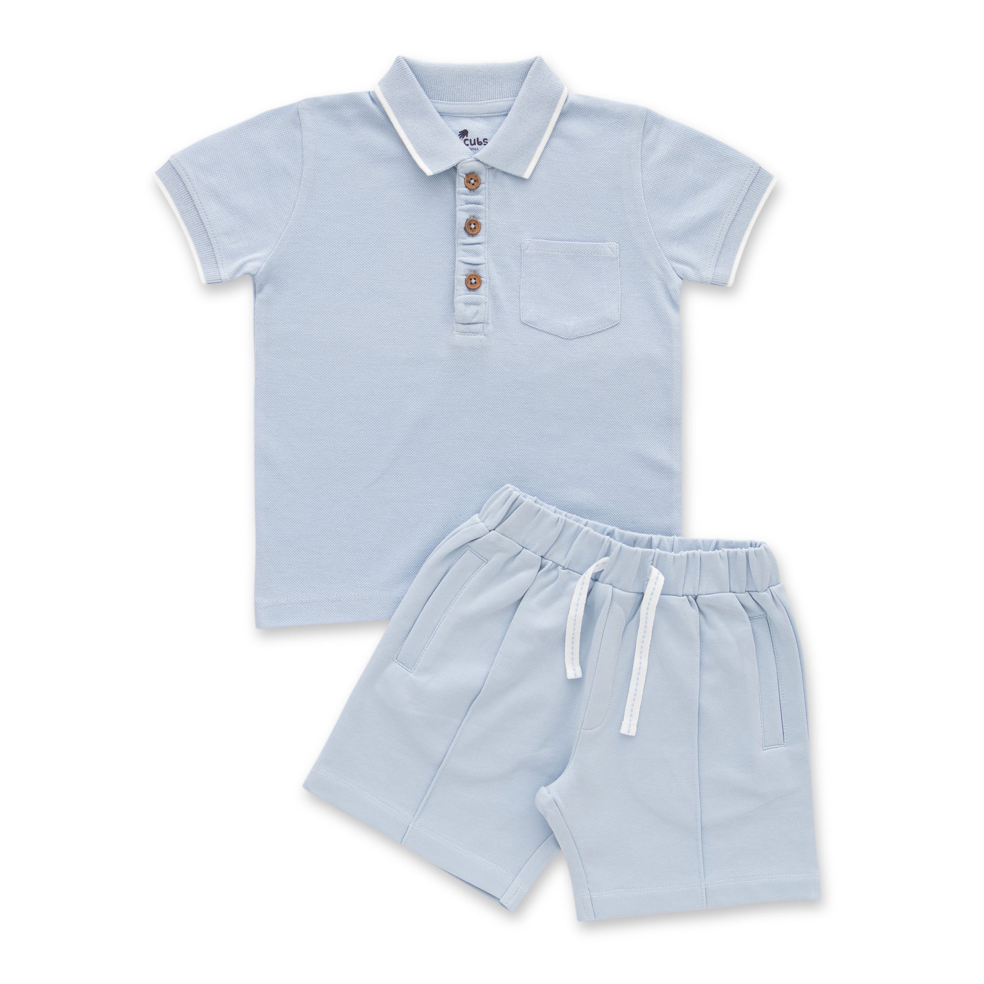 "Baby Boys Organic Cotton Sky Blue Polo T-Shirt & Shorts Set – Casual Summer Outfit"