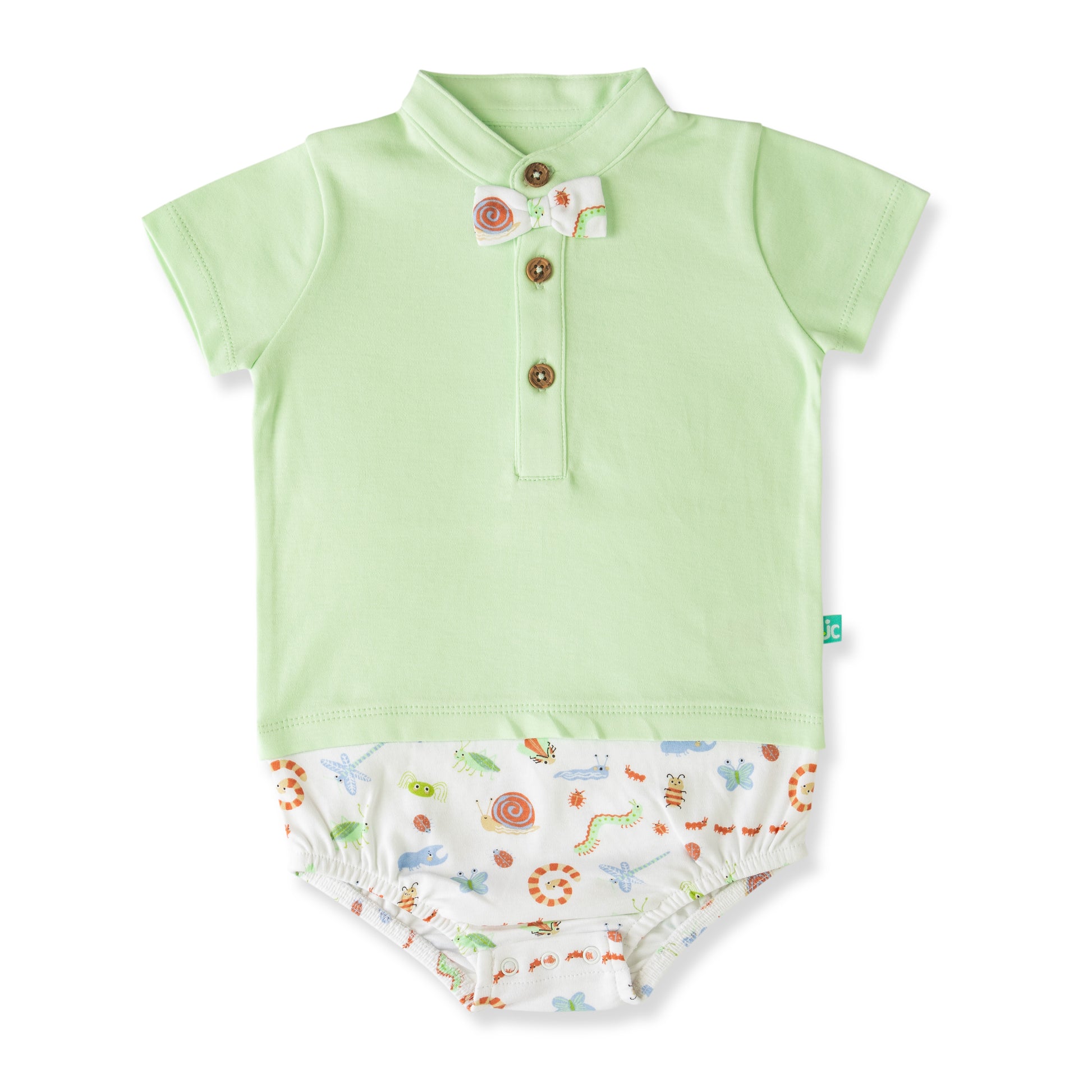 "Baby Boys Green Polo Bodysuit with Bow Tie & Printed Bottom – 100% Organic Cotton"